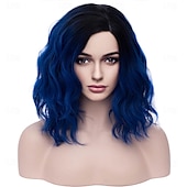 abordables Pelucas de fiesta-Pelucas negras y azules para mujeres niñas, peluca de cabello corto, rizado, ondulado, estilo bob, color azul oscuro, degradado, onda corporal, resistente al calor, sintética, para cosplay, fiestas