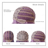 economico Parrucche trendy sintetiche-lunghe parrucche ondulate viola con frangia 26 pollici ricci sintetici parrucche ombre resistenti al cuore per le donne cosplay di feste quotidiane usate