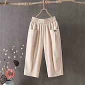 お買い得  プレーンコットンリネンパンツ-女性用 コットンリネンパンツ パンツ カジュアル 普段着 ふくらはぎ丈 平織り ポケット 通気性 快適 伸縮性なし お出かけ 週末 ブラック ホワイト イエロー ブルー 春夏 レギュラー