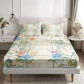 abordables Sábanas y funda de almohada-Juego de sábanas ajustables con patrón de primavera a rayas florales 100% algodón, sábanas sedosas y transpirables ultra suaves, sábanas con bolsillos profundos, tamaño queen king de 3 piezas