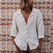 economico Vacanza-Per uomo Camicia Camicia di lino Camicia bianca di cotone Camicia Estiva Camicia da Spiaggia Camicia in cotone e lino Semplice Vacanza Camicia hawaiana Bianco Manica Lunga Collo Camp Primavera