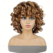 cheap Synthetic Trendy Wigs-Afro Curly Wigs For Women Big Blonde Wigs With Bangs Shoulder Length Hair High Heat Resistant Synthetic Wig