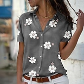 voordelige Dames grafische tops-dames casual bloemenprint overhemd korte mouw reverskraag blauwe regular fit mode blouse voor lente zomer dagelijks gebruik