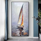 tanie Pejzaże-mintura ręcznie robione obrazy olejne z krajobrazem łodzi na płótnie dekoracje ścienne nowoczesne abstrakcyjne obrazy statków do wystroju domu walcowane, bezramowe, nierozciągnięte malarstwo