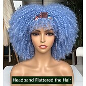 cheap Party Wigs-Curly Wig with Bangs for Black Women Short Kinky Curly Wig 14inch Afro Hair Carnival Party Christmas Cosplay Wigs Sky Blue