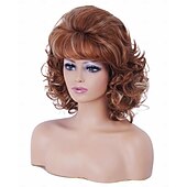 preiswerte ältere Perücke-Kurze Vintage-Bienenstock-Perücke in Ingwer-Mischblond mit Pony, lockiges, gewelltes, hitzebeständiges Kunsthaar für Damen, passend für 70er- und 80er-Jahre-Kostüme oder Halloween und Partys