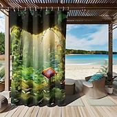preiswerte Wasserdichte Vorhänge-Wasserdichter Outdoor Vorhang Außenvorhang für Privatsphäre, Außenjalousien, verschiebbare Terrassenvorhangvorhänge, Pergolavorhänge mit Ösen, Pilzwald für Pavillon, Balkon, Veranda, Party