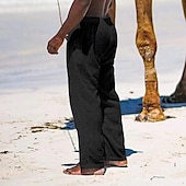 cheap Holiday-Men&#039;s Linen Pants Trousers Summer Pants Beach Pants Pocket Drawstring Elastic Waist Plain Comfort Breathable Daily Holiday Vacation Hawaiian Boho Black White