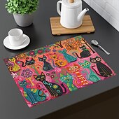 abordables Napperons et sous-verres et dessous de plat-sets de table de table à manger en lin série doodle art cat imperméables à l&#039;huile et isolés tapis de table à manger ménagers résistants à la chaleur imperméables à l&#039;huile et isolés tapis de table à