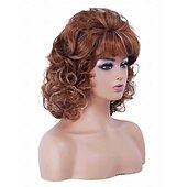 preiswerte ältere Perücke-Kurze Vintage-Bienenstock-Perücke in Ingwer-Mischblond mit Pony, lockiges, gewelltes, hitzebeständiges Kunsthaar für Damen, passend für 70er- und 80er-Jahre-Kostüme oder Halloween und Partys