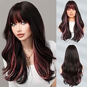 economico Parrucche trendy sintetiche-lunghe parrucche ondulate viola con frangia 26 pollici ricci sintetici parrucche ombre resistenti al cuore per le donne cosplay di feste quotidiane usate