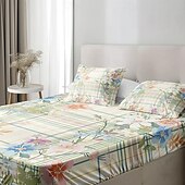 abordables Sábanas y funda de almohada-Juego de sábanas ajustables con patrón de primavera a rayas florales 100% algodón, sábanas sedosas y transpirables ultra suaves, sábanas con bolsillos profundos, tamaño queen king de 3 piezas