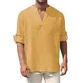 economico Casual da lavoro-Per uomo Camicia Camicia di lino Camicia bianca di cotone Camicia Estiva Camicia da Spiaggia Camicia in cotone e lino Semplice Vacanza Camicia hawaiana Bianco Giallo Verde militare Manica Lunga