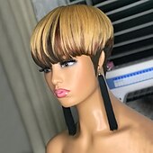 abordables Perruques sans bonnet-Perruques courtes de coupe de lutin de cheveux humains pour les femmes perruque entièrement faite à la machine avec une frange porter et aller perruques blondes droites