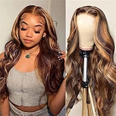 cheap Human Hair Lace Front Wigs-Blonde Highlight Wig Body Wave Human Hair Wig 4x4 Lace Closure Wig