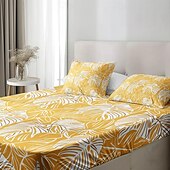 cheap Sheets &amp; Pillowcase-Leaves Spring Pattern Fitted Sheet Set 100% Cotton Ultra Soft Breathable Silky Bed Sheets Deep Pocket Bedding Sheets 3 Piece Queen King Size