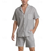 voordelige Zakelijk Casual-Voor heren Overhemd linnen overhemd Katoenen linnen overhemd Wit katoenen overhemd Overhemdset Zomer overhemd Effen Feestdagen Alledaagse kleding Zwart Wit Khaki Leger Groen Korte mouw Kamp kraag