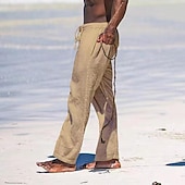 cheap Holiday-Men&#039;s Linen Pants Trousers Summer Pants Beach Pants Pocket Drawstring Elastic Waist Plain Comfort Breathable Daily Holiday Vacation Hawaiian Boho Black White