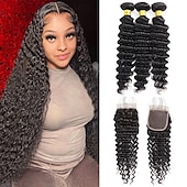 economico 4 ciocche di capelli veri tessitura-ishow capelli onda profonda fasci di capelli umani con chiusura frontale hd estensione del tessuto dei capelli brasiliani del merletto fasci di capelli 3/4 fasci di capelli con chiusura