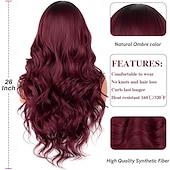 economico Parrucche trendy sintetiche-parrucche per donne 26 pollici lunghe ombre vino rosso con riga centrale parrucche ondulate per le donnegrande parrucca rimbalzante soffice e soffice in fibra sintetica resistente al caloreideale per