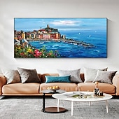 voordelige Schilderijen van landschappen-met de hand geschilderd mediterraan landschap olieverfschilderij op canvas impressionistisch schilderij van de middellandse zee canvas kunst getextureerde kustschildering muurkunst schilderij voor