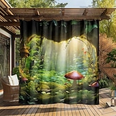 preiswerte Wasserdichte Vorhänge-Wasserdichter Outdoor Vorhang Außenvorhang für Privatsphäre, Außenjalousien, verschiebbare Terrassenvorhangvorhänge, Pergolavorhänge mit Ösen, Pilzwald für Pavillon, Balkon, Veranda, Party