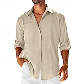 ieftine Business Casual-Bărbați Cămașă cămașă de in Cămașă din bumbac și in Cămașă de vară Cămașă de plajă Simplu Hawaiian Concediu Negru Alb Bleumarin Caisă Manșon Lung Rever Primăvara &amp; toamnă Îmbrăcăminte Peteci