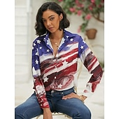 cheap Independence Day Top-Independence Day Patriotic Women's Shirt Red White And Blue USA National Flag Button Print Red White And Blue Long Sleeve Daily Weekend Streetwear Casual Shirt Collar Regular S