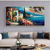 voordelige Schilderijen van landschappen-met de hand geschilderd mediterraan landschap olieverfschilderij op canvas impressionistisch schilderij van de middellandse zee canvas kunst getextureerde kustschildering muurkunst schilderij voor
