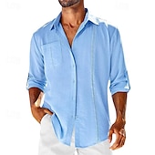 ieftine Business Casual-Bărbați Cămașă cămașă de in Cămașă din bumbac și in Cămașă de vară Cămașă de plajă Simplu Hawaiian Concediu Negru Alb Bleumarin Caisă Manșon Lung Rever Primăvara &amp; toamnă Îmbrăcăminte Peteci
