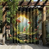 preiswerte Wasserdichte Vorhänge-Wasserdichter Outdoor Vorhang Außenvorhang für Privatsphäre, Außenjalousien, verschiebbare Terrassenvorhangvorhänge, Pergolavorhänge mit Ösen, Pilzwald für Pavillon, Balkon, Veranda, Party