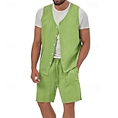 cheap Holiday-Men&#039;s Linen Shorts Summer Shorts Beach Shorts Set Pocket Drawstring Elastic Waist Plain Comfort Breathable Short Holiday Vacation Beach Hawaiian Boho Black Yellow