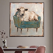 cheap Animal Paintings-Handmade A cow sitting on a sofa painting  handmade Abstract Cow Oil Painting Unique Artwork Vibrant Animal Canvas painting Wall Art Cow painting for living room bedroom wall home decor