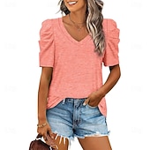 T shirt Tee Women's Black White Purple Plain Ruched Street Daily Fashion V Neck Regular Fit S3