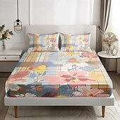 abordables Sábanas y funda de almohada-Juego de sábanas ajustables con patrón de primavera a rayas florales 100% algodón, sábanas sedosas y transpirables ultra suaves, sábanas con bolsillos profundos, tamaño queen king de 3 piezas
