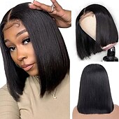 economico Parrucche lace front capelli veri-parrucche diritte corte in pizzo 4*4 parrucche di capelli umani con chiusura a caschetto al 150%.