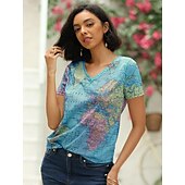 cheap Humor&amp;Quotes tee-Women&#039;s T Shirt Blouse Basic Modern Print T-shirt Sleeve Short Sleeve Regular Tops V Neck Street Daily Blue Summer