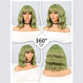 cheap Synthetic Trendy Wigs-Synthetic Wig Natural Wave Bob Neat Bang Wig 12 inch Mint Green Synthetic Hair Women&#039;s Green