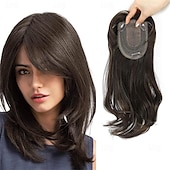 baratos Franjas-Toppers de cabelo de 14 polegadas para mulheres, toppers de cabelo em camadas longas, toppers de cabelo sintético, pedaços de cabelo para mulheres com cabelo ralo, perucas de fibra marrom clara,