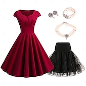 baratos Conjuntos-conjunto com vestido vintage flare colar de pérolas falsas brincos pulseira com anágua tutu sob a saia 1950 anos 1960 rockbility vestido retrô vintage feminino 6 peças roupas primavera verão roupa