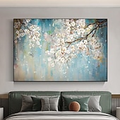 preiswerte Blumen-/Botanische Gemälde-handgemaltes abstraktes Kirschblüten-Ölgemälde auf Leinwand, großes Wandkunstwerk, originale Blütenkunst, weißes Gemälde, Blumengemälde, Wohnzimmerdekoration, gespannte Leinwand, fertig zum Aufhängen