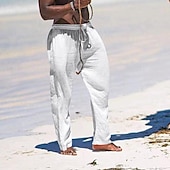 cheap Holiday-Men&#039;s Linen Pants Trousers Summer Pants Beach Pants Pocket Drawstring Elastic Waist Plain Comfort Breathable Daily Holiday Vacation Hawaiian Boho Black White