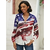 cheap Independence Day Top-Independence Day Patriotic Women's Shirt Red White And Blue USA National Flag Button Print Red White And Blue Long Sleeve Daily Weekend Streetwear Casual Shirt Collar Regular S