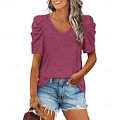T shirt Tee Women's Black White Purple Plain Ruched Street Daily Fashion V Neck Regular Fit S4