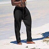 cheap Holiday-Men&#039;s Linen Pants Trousers Summer Pants Beach Pants Pocket Drawstring Elastic Waist Plain Comfort Breathable Daily Holiday Vacation Hawaiian Boho Black White