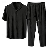 cheap Men&#039;s Basic Tees sets-Men&#039;s Polo 2 Piece Street Casual Lapel Short Sleeve Comfortable Solid Colored Drawstring Summer Spring Regular Fit Black White Polo