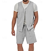 cheap Holiday-Men&#039;s Linen Shorts Summer Shorts Beach Shorts Set Pocket Drawstring Elastic Waist Plain Comfort Breathable Short Holiday Vacation Beach Hawaiian Boho Black Yellow
