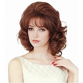 preiswerte ältere Perücke-Kurze Vintage-Bienenstock-Perücke in Ingwer-Mischblond mit Pony, lockiges, gewelltes, hitzebeständiges Kunsthaar für Damen, passend für 70er- und 80er-Jahre-Kostüme oder Halloween und Partys