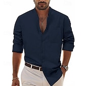 economico Casual da lavoro-Per uomo Camicia Camicia in lino e cotone Camicia in cotone bianco Camicia con colletto cinese Camicia con colletto alla coreana Maglietta informale Liscio Da mare Hawaiano Nero Bianco Vino Blu marino