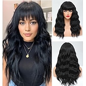 economico Parrucche trendy sintetiche-parrucche nere per le donne parrucche di capelli ricci ondulati lunghi da 18 pollici con frangia parrucche sintetiche di ricambio parrucca in fibra resistente al calore costume da festa